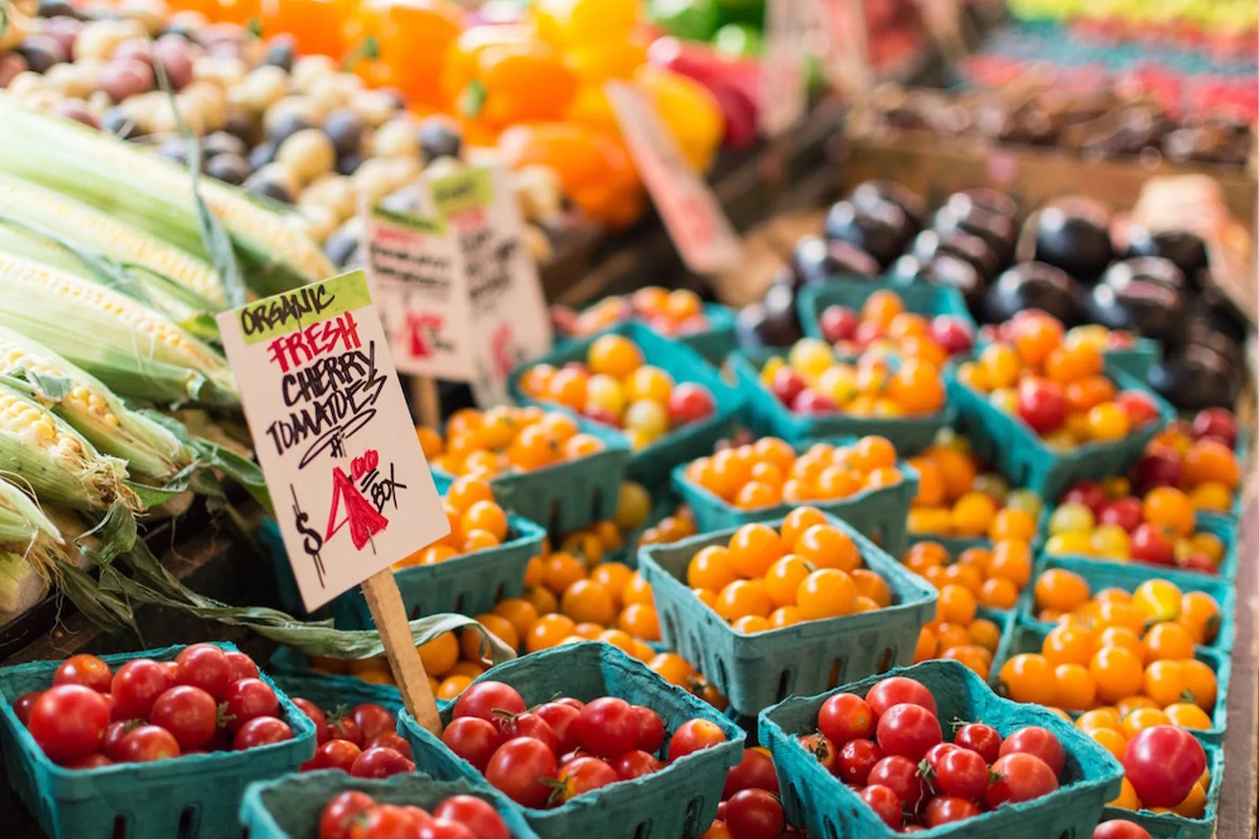 market table full of tomatoes